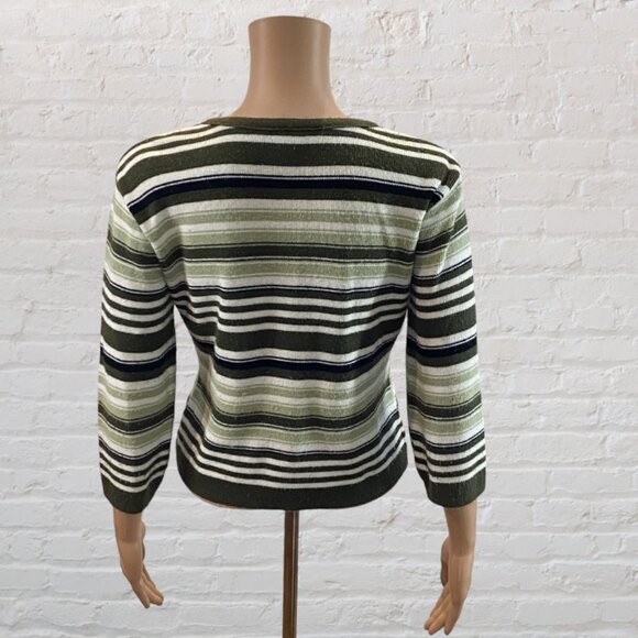 VINTAGE SUGAR -- Sweater, Lightweight, Green and White Striped, 3/4 Sleeves - Picture 8 of 16